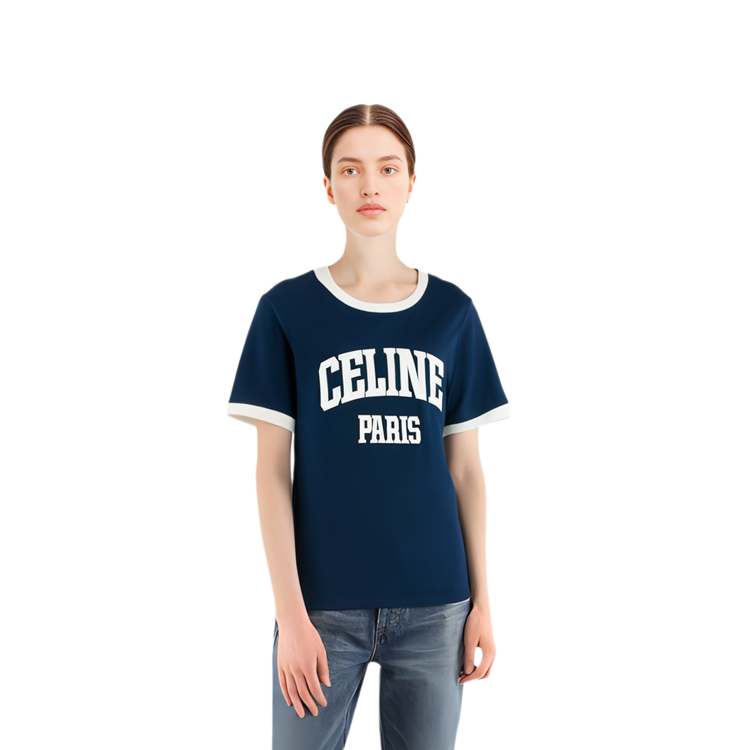 Purchase (Women) CELINE  Navy Blue Logo Crewneck Short Sleeve Casual T-Shirt. 2X59J671Q-07OW