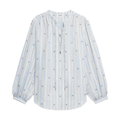 (Women) CELINE Navy Blue Logo Striped Long Sleeve Shirt. 2C97A055X-01KU