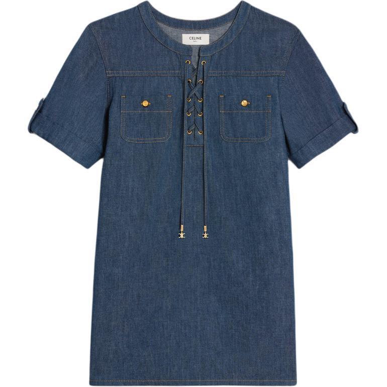 (Women) CELINE  Navy Blue Short-Sleeve Casual Short Dress. 2U149361M-08DO