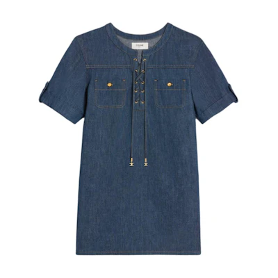 (Women) CELINE Navy Blue Short-Sleeve Casual Short Dress. 2U149361M-08DO