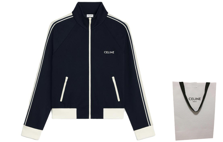 Shop (Women) CELINE  Navy Blue Striped Embroidered Letter Jacket. 2Y24C121O-07XA