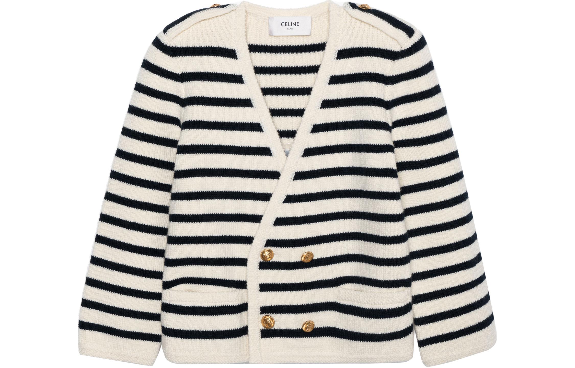 Order (W) 셀린느 오프 화이트 줄무늬 버튼 니트 가디건. 2AJ67570P-01CB