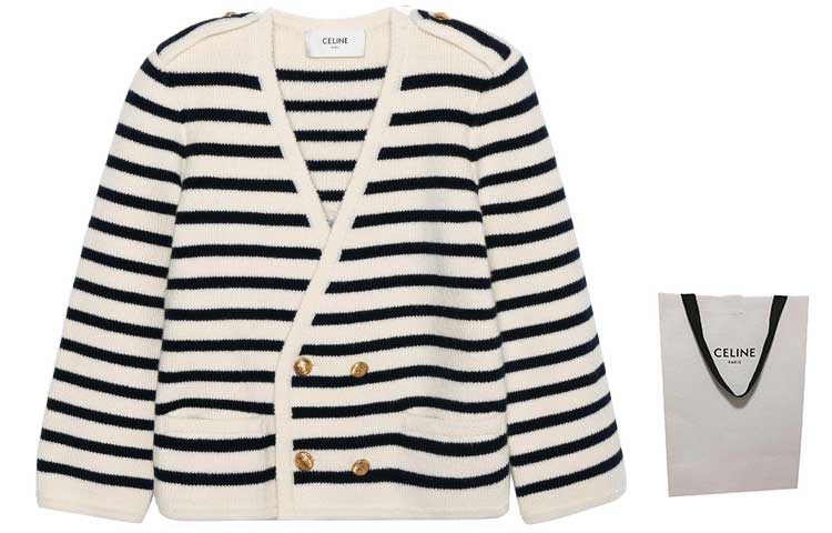 Shop (W) 셀린느 오프 화이트 줄무늬 버튼 니트 가디건. 2AJ67570P-01CB