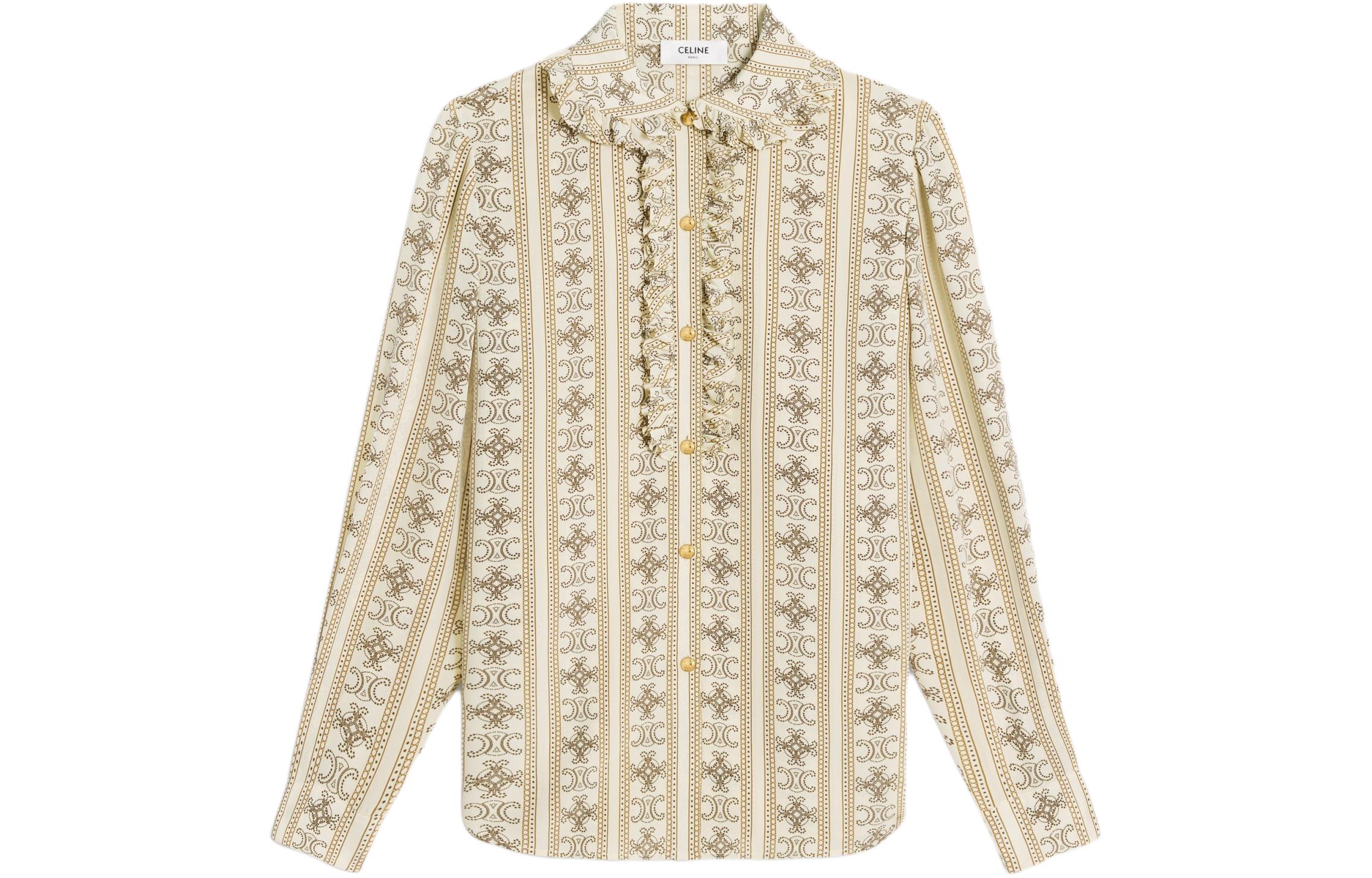 (Women) CELINE  Ruffle Collar Pleated Long Sleeve Shirt Khaki Color 2B962929W-97TM