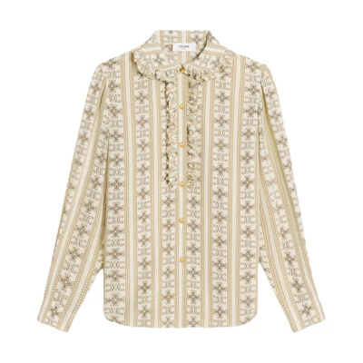 (Women) CELINE Ruffle Collar Pleated Long Sleeve Shirt Khaki Color 2B962929W-97TM