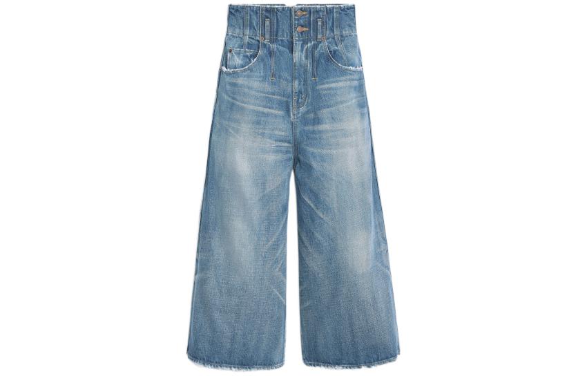 (Women) CELINE  Solid Button Washed Denim Jeans - Blue. 2N636079O-07FY