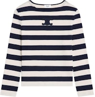 (Women) CELINE Striped Logo Patch Long Sleeve Pullover Tee Navy Blue. 2X47NA040-07YC (Women) CELINE Striped Logo Patch Long Sleeve Pullover Tee Navy Blue. 2X47NA040-07YC