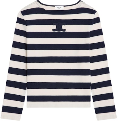 (Women) CELINE Striped Logo Patch Long Sleeve Pullover Tee Navy Blue. 2X47NA040-07YC Buy (Women) CELINE Striped Logo Patch Long Sleeve Pullover Tee Navy Blue. 2X47NA040-07YC