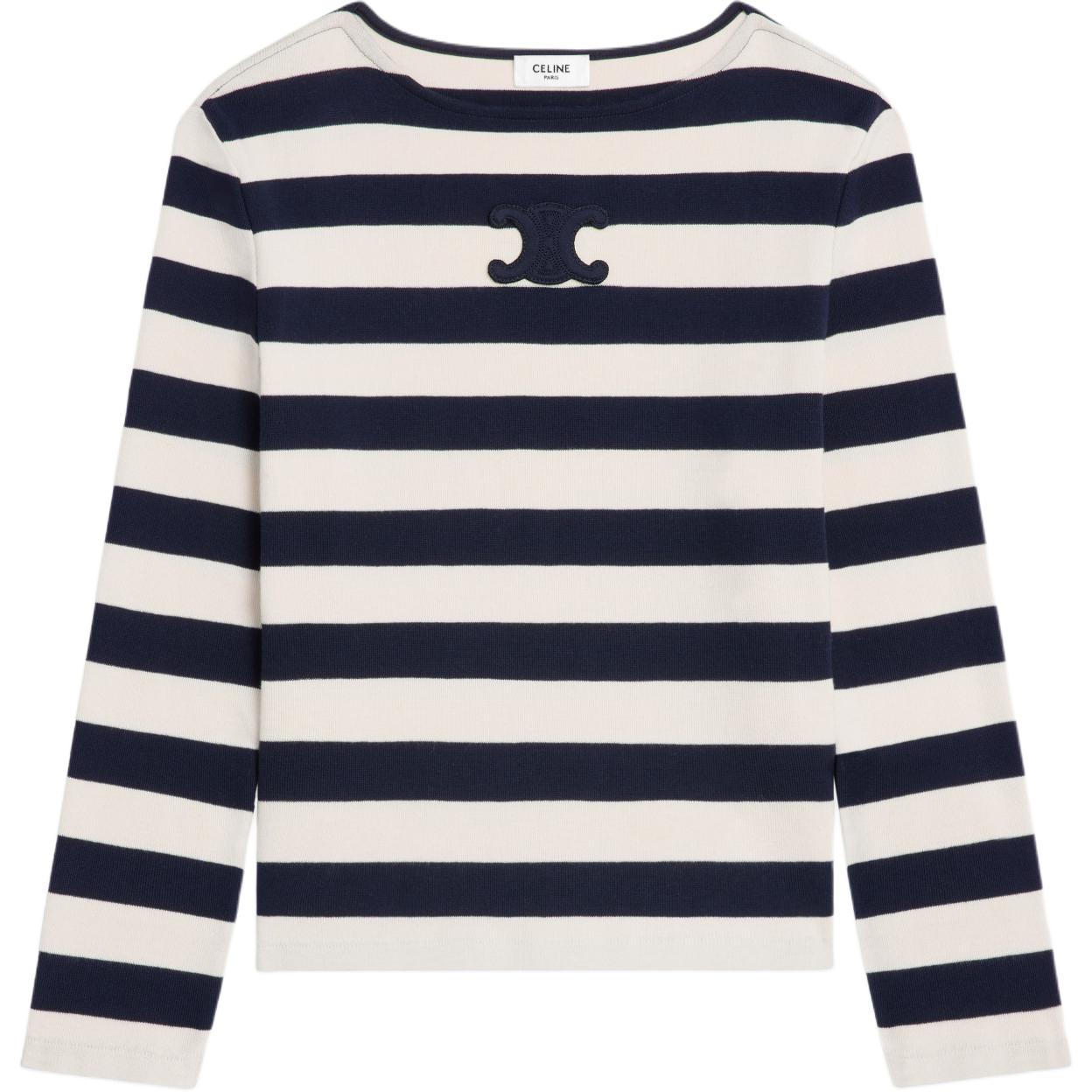 Order (Women) CELINE  Striped Logo Patch Long Sleeve Pullover Tee Navy Blue. 2X47NA040-07YC