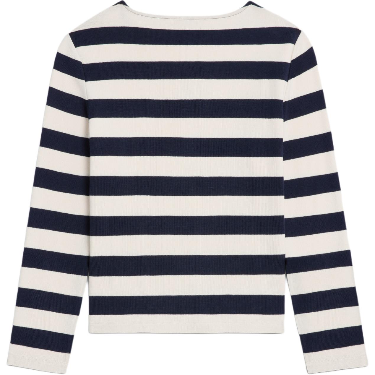 Lookbook (Women) CELINE  Striped Logo Patch Long Sleeve Pullover Tee Navy Blue. 2X47NA040-07YC