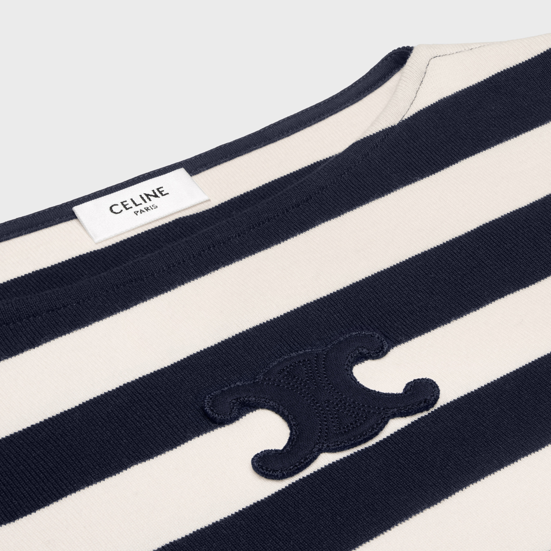 Shop (Women) CELINE  Striped Logo Patch Long Sleeve Pullover Tee Navy Blue. 2X47NA040-07YC