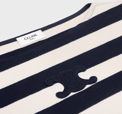 (Women) CELINE Striped Logo Patch Long Sleeve Pullover Tee Navy Blue. 2X47NA040-07YC Shop (Women) CELINE Striped Logo Patch Long Sleeve Pullover Tee Navy Blue. 2X47NA040-07YC