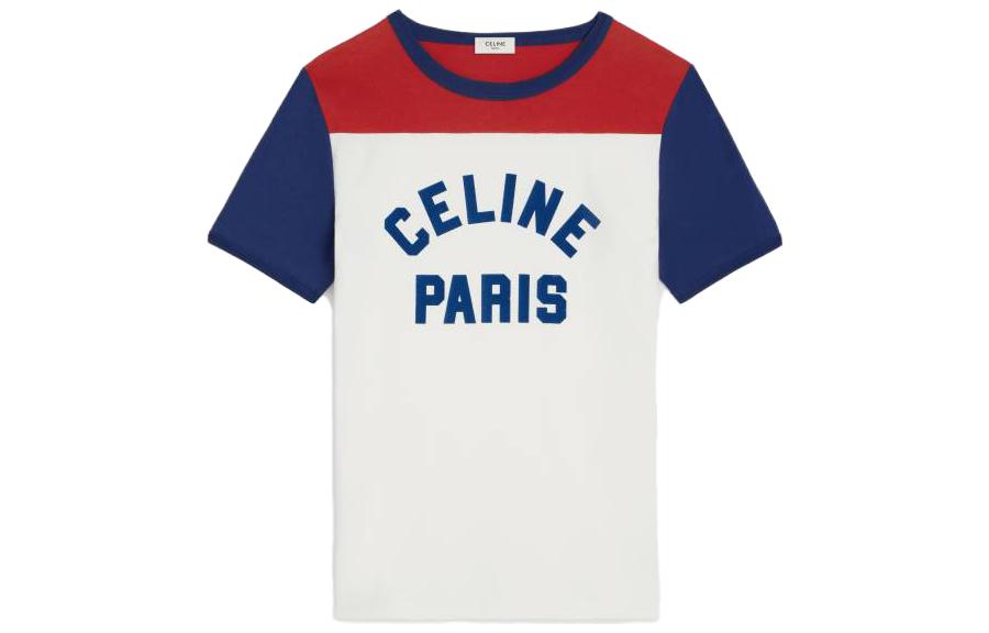 (Women) CELINE  White Crewneck Letter Color Block Short Sleeve T-Shirt 2X20H671Q-01JG