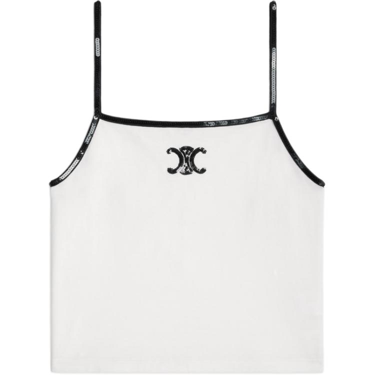 Order (W) CELINE Camiseta Tirantes Cuello Cuadrado Blanca con Logo y Lentejuelas Bordadas. 2X53F671Q-01OB
