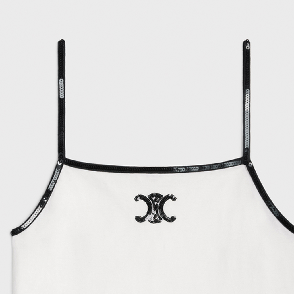 Purchase (W) CELINE Camiseta Tirantes Cuello Cuadrado Blanca con Logo y Lentejuelas Bordadas. 2X53F671Q-01OB
