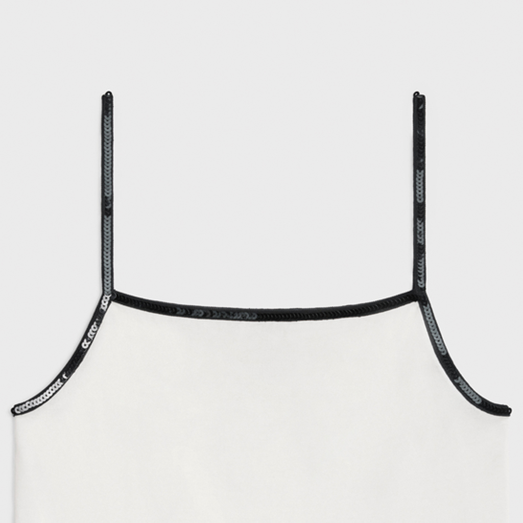 Sizing (W) CELINE Camiseta Tirantes Cuello Cuadrado Blanca con Logo y Lentejuelas Bordadas. 2X53F671Q-01OB