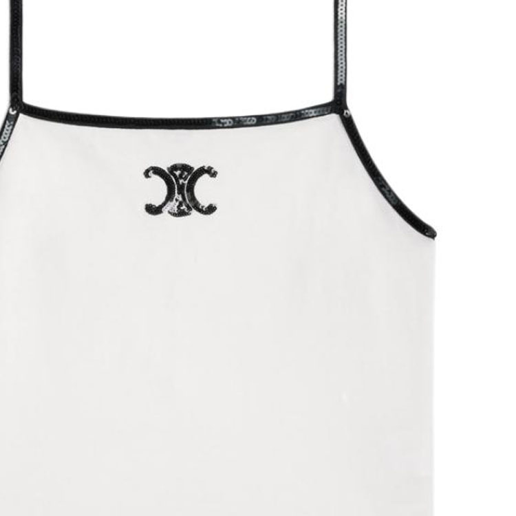 Cheap (W) CELINE Camiseta Tirantes Cuello Cuadrado Blanca con Logo y Lentejuelas Bordadas. 2X53F671Q-01OB
