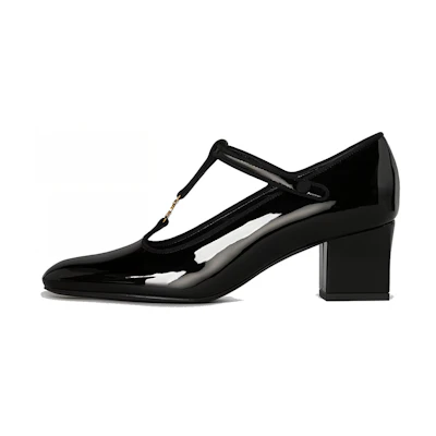 (W) CELINE Babies T-Strap High Heels 'Black Patent Leather and Striped Grosgrain'