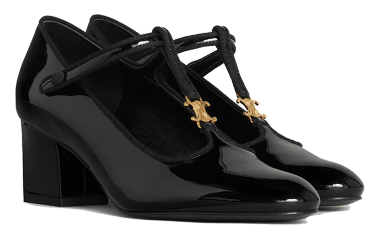 Lookbook (W) CELINE Tacones Altos Babies T-Strap 'Cuero Negro Charol y Grosgrain Rayado' 333893321C.38NO