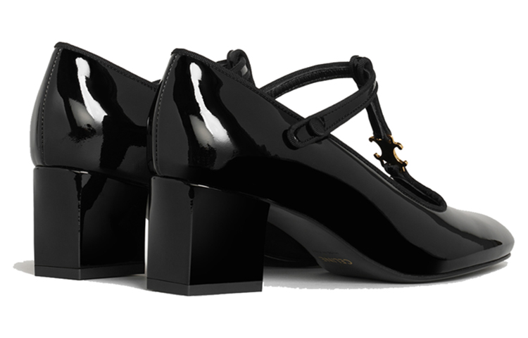 Shop CELINE Babies 牛皮亮漆與橫紋緞面料T字帶高筒鞋 女款 黑色