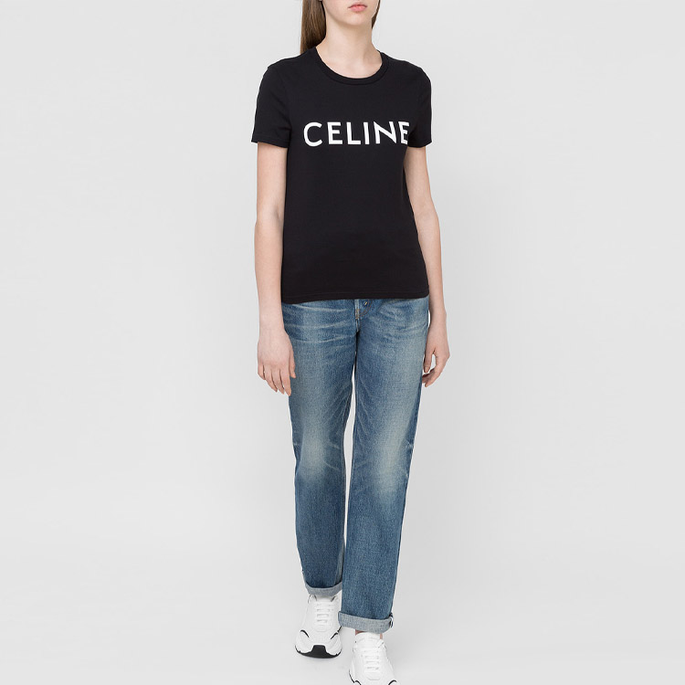 Lookbook (W) CELINE Kaos Pendek Santai Hitam dengan Logo Print 2X314916G-38AW