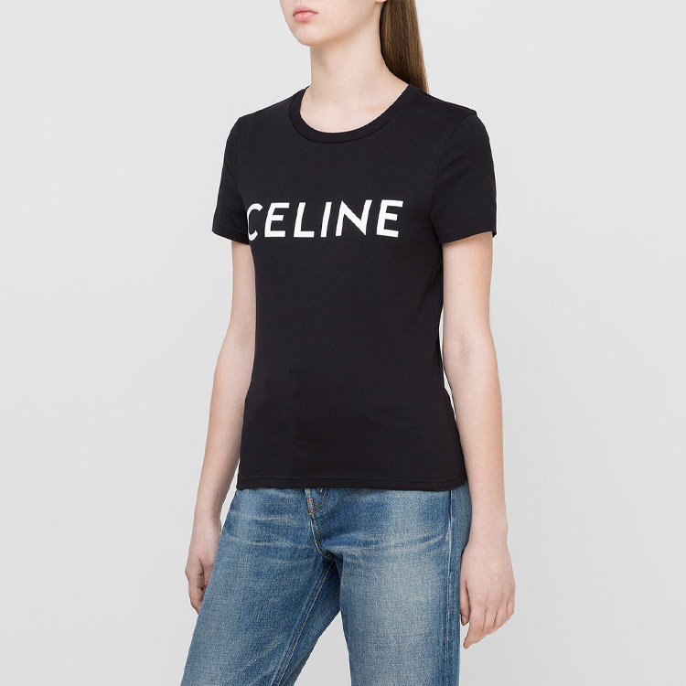 Shop (W) CELINE Kaos Pendek Santai Hitam dengan Logo Print 2X314916G-38AW