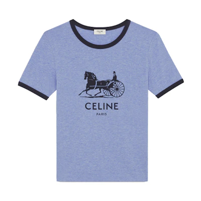 (Women) CELINE Blue Logo Print Cotton Crewneck Short Sleeve T-Shirt. 2X575485F-07BQ