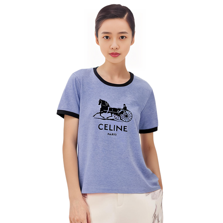 (Women) CELINE Blue Logo Print Cotton Crewneck Short Sleeve T-Shirt. 2X575485F-07BQ 圖 4