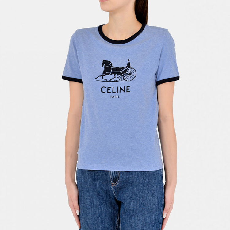 (Women) CELINE Blue Logo Print Cotton Crewneck Short Sleeve T-Shirt. 2X575485F-07BQ 圖 8