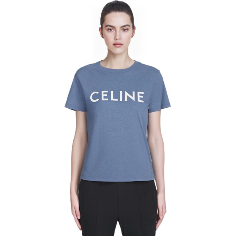 Shop (W) CELINE Kaos Oversized Wanita Biru Lengan Jatuh Katun Jersey SS22 2X764671Q-07BW