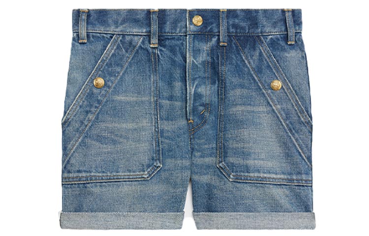 (Women) CELINE Denim Shorts with Logo Button and Pocket in Blue. 2N487945F-07UW