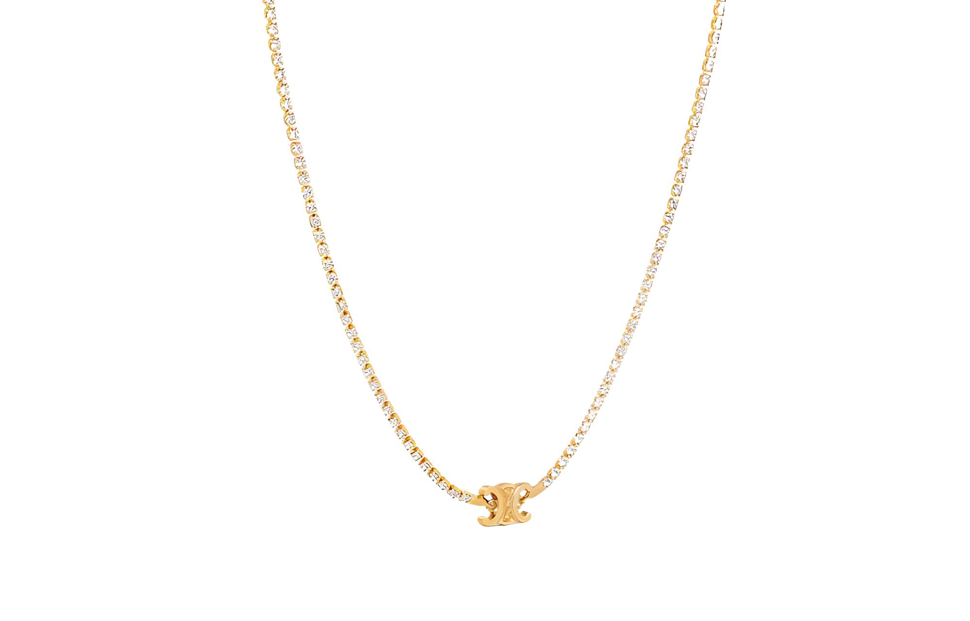 (Women) CELINE Engraved Logo Pendant Necklace Gold Brass Crystal  Classic. 460TR6BRS35OR