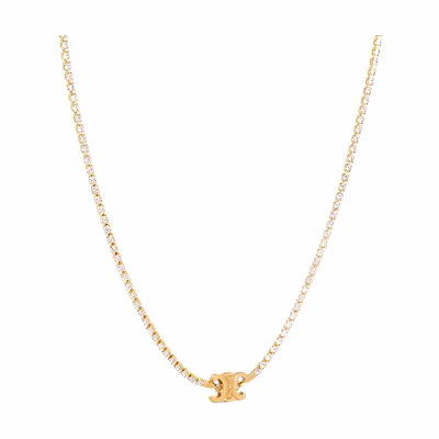 (Women) CELINE Engraved Logo Pendant Necklace Gold Brass Crystal Classic. 460TR6BRS35OR