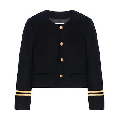 (Women) CELINE FW21 Black Double-Sided Cashmere Spencer Jacket with Gold Button. 2V75F6700-38NO