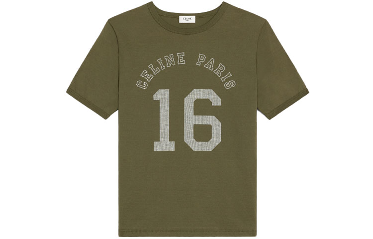 Order (W) CELINE FW21 Kaos Katun Rajut Logo Warna Khaki Gelap. 2X813501F-02DO