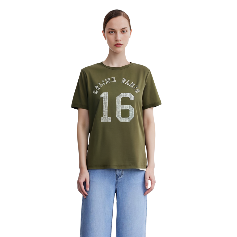 Purchase (W) CELINE FW21 Kaos Katun Rajut Logo Warna Khaki Gelap. 2X813501F-02DO