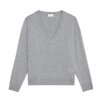 (Women) CELINE FW21 Grey V-Neck Wool Sweater with Classic Carriage Embroidery. 2A11K152I-09GR