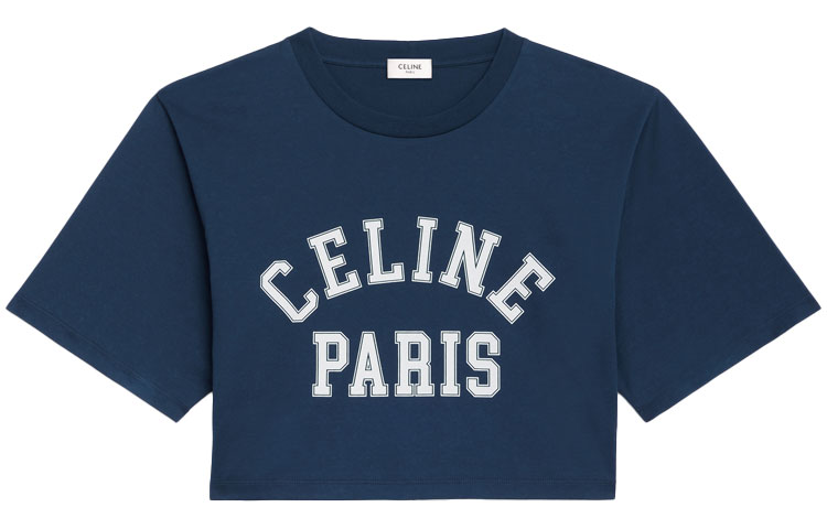 (Women) CELINE FW21 Navy Blue Printed Cotton Short Sleeve Crop T-Shirt. 2X869501F-07WB