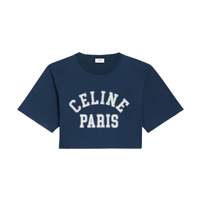 (Women) CELINE FW21 Navy Blue Printed Cotton Short Sleeve Crop T-Shirt. 2X869501F-07WB