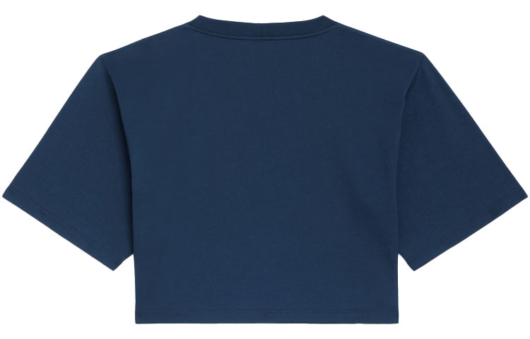 Lookbook (Women) CELINE FW21 Navy Blue Printed Cotton Short Sleeve Crop T-Shirt. 2X869501F-07WB
