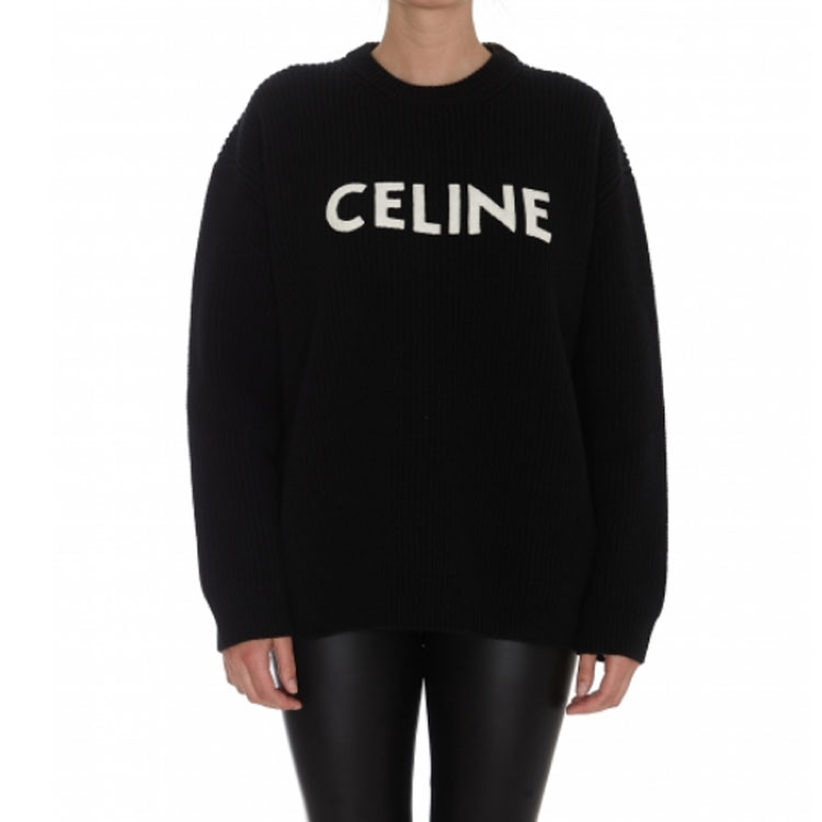 Shop (W) CELINE FW21 オーバーサイズ ロゴ刺繍 ウールセーター - ブラック 2A19R423P-38NO