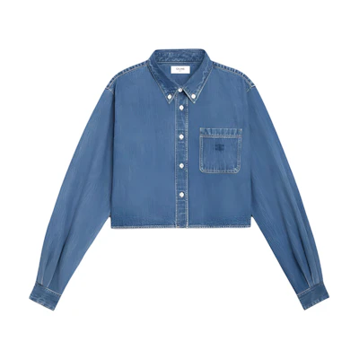 (Women) CELINE FW21 Washed Denim Short Button-Up Long Sleeve Jacket Blue 2T187459N-07UO