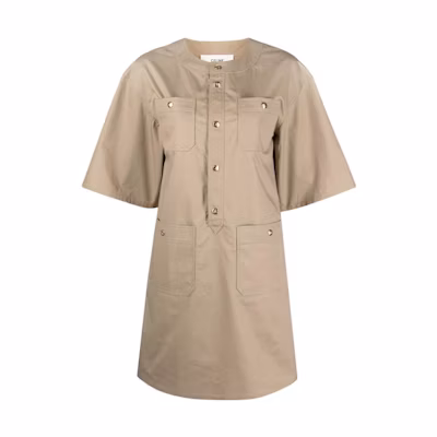 (Women) CELINE FW22 Beige Short-Sleeve Button-Up Dress with Multiple Pockets 2R29F204I-02BG