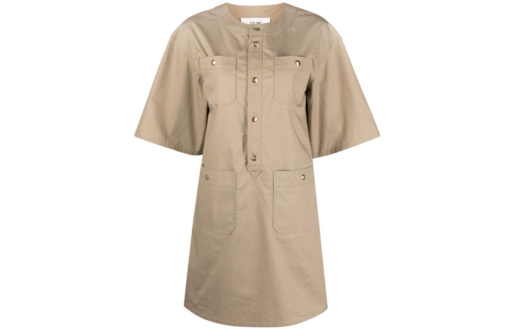 Order (W) CELINE FW22 Beige Dress Lengan Pendek Kancing dengan Banyak Kantong 2R29F204I-02BG