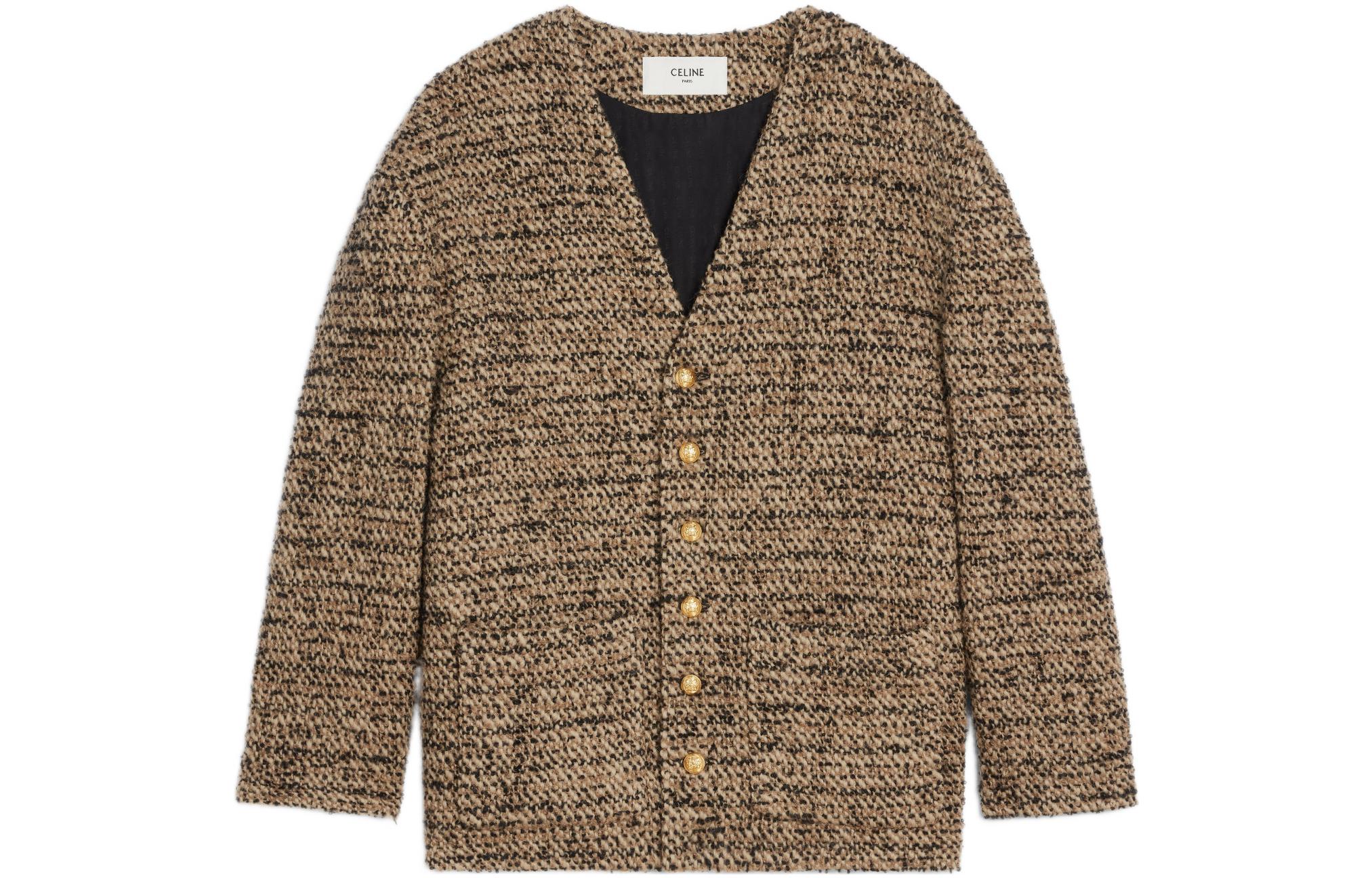 (Women) CELINE FW22  Brown Knit Wool V-Neck Long Sleeve Cardigan Sweater. 2V39J576R-19LE