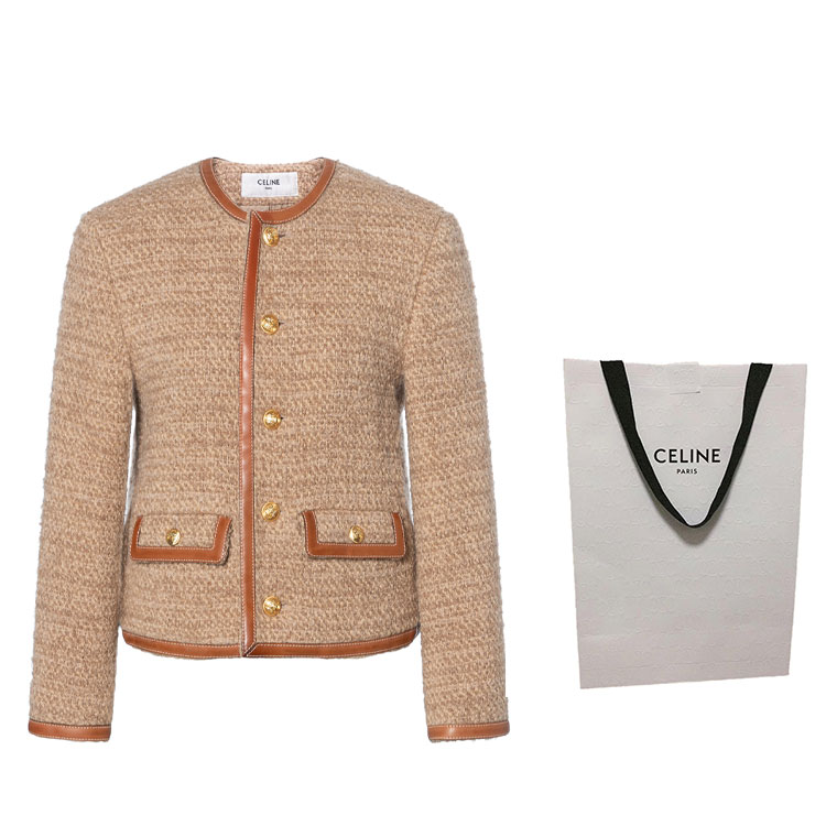 Shop (W) CELINE FW22 Jaket Logo Coklat Tweed Single-Breasted 2V42J576R-03NE