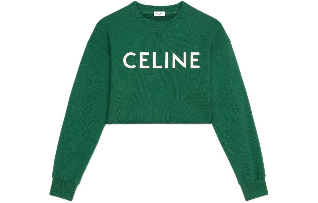 (Women) CELINE FW22  Green Letter Print Cropped Long Sleeve Sweatshirt. 2Y796670Q-30IW
