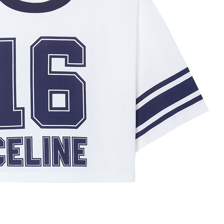 Purchase (Women) CELINE FW22  Short Sleeve Crop Top Navy with Colorblock Letter Print 2X09D671Q-01MA