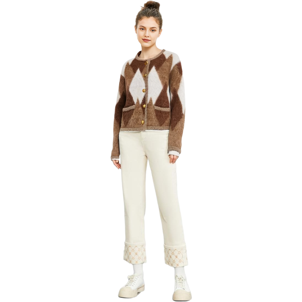 Shop (W) 셀린 FW22 브라운 프린트 니트 버튼업 여성 가디건. 2A10Z831R-03HN