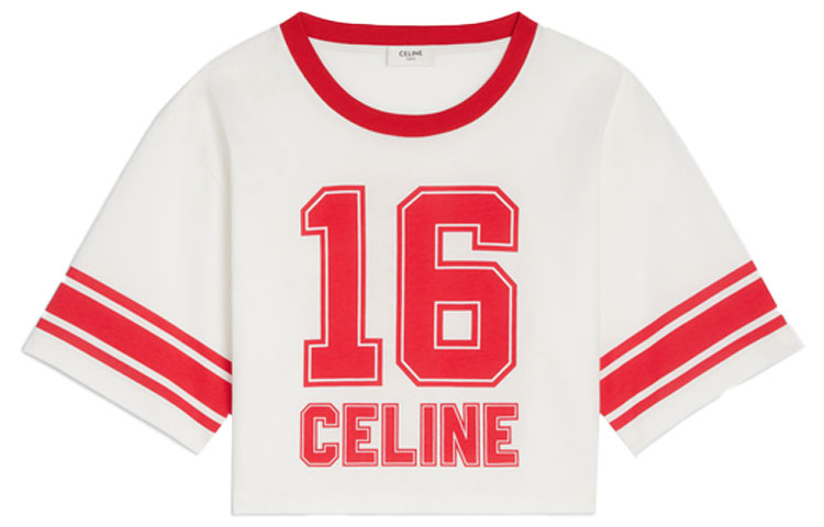 (Women) CELINE FW22 Contrast Logo Print Cropped Short Sleeve Top Women White. 2X09D671Q-01IZ